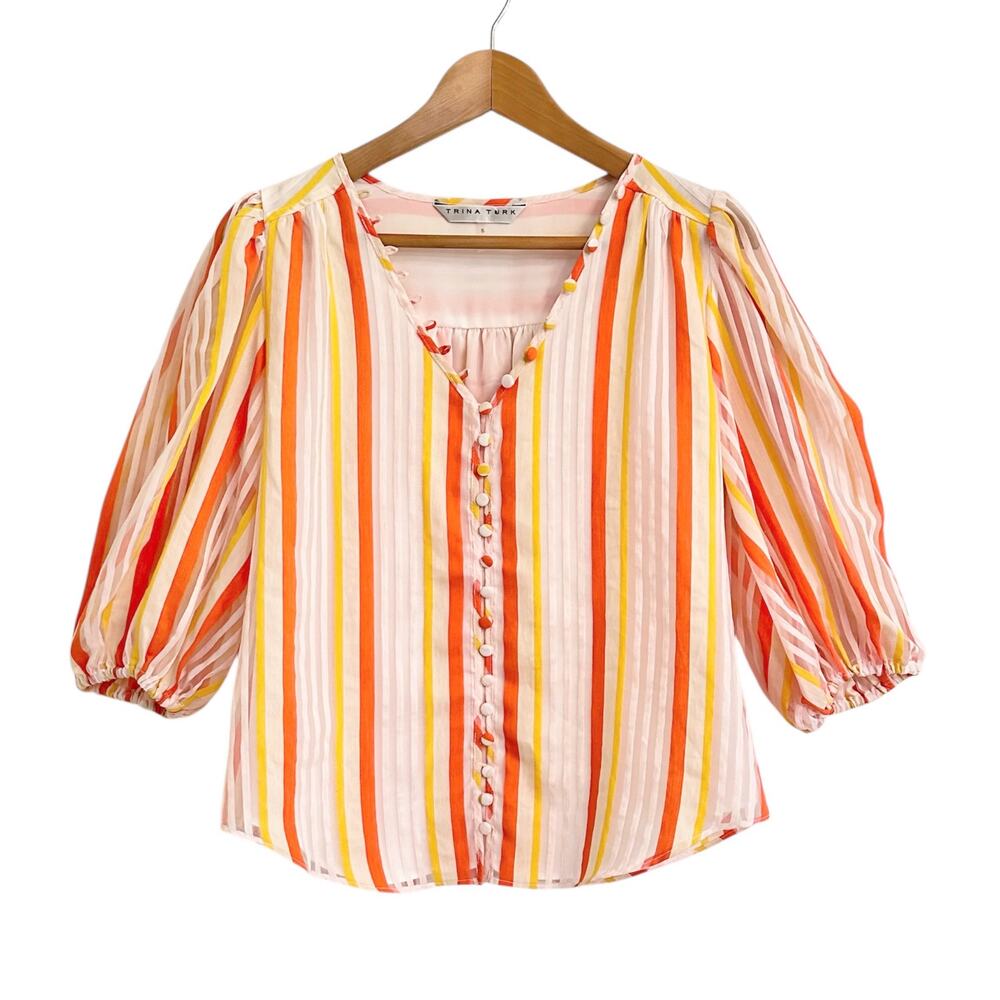 Trina Turk Gratitude Top Puff Sleeve V-neck Size Small Orange Yellow Stripe